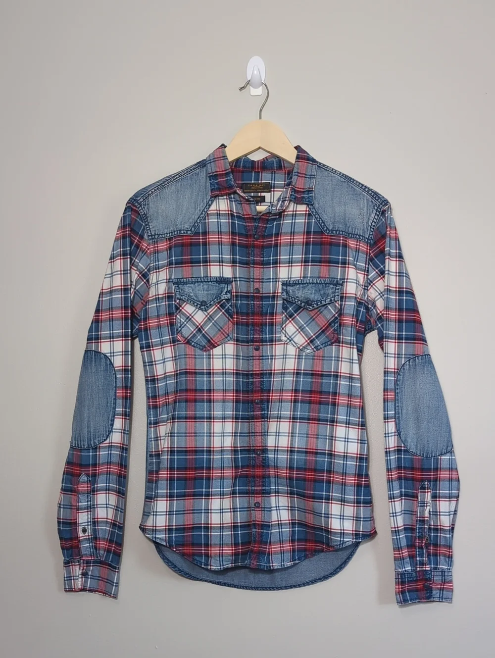 Zara Man‎ Slim Fit Plaid Button-Up Shirt Denim Red White Blue 4th of July SM/MED